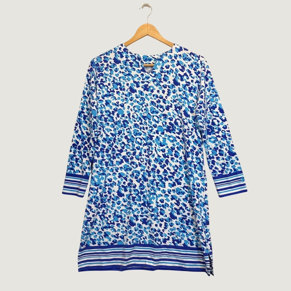 Coolibar Tunic Dress Med Blue Leopard UPF 50+ Sun Protect Resort Bamboo Coastal